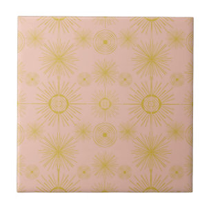 Boho Celestial Sun Stars Pink Pattern Ceramic Tile