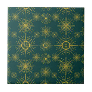 Boho Celestial Sun Stars Teal Pattern Ceramic Tile