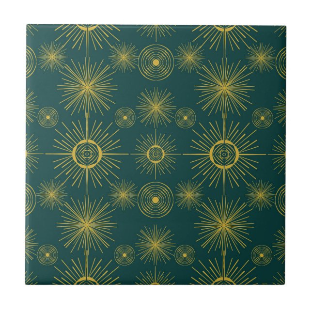 Boho Celestial Sun Stars Teal Pattern Ceramic Tile (Front)