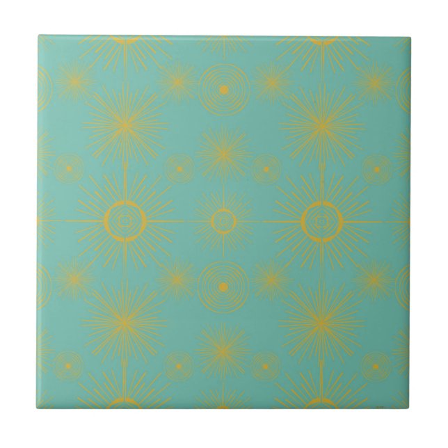 Boho Celestial Sun Stars Turquoise Pattern Ceramic Tile (Front)