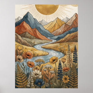 Boho Celestial Sunburst Mountain River Lupin Poster