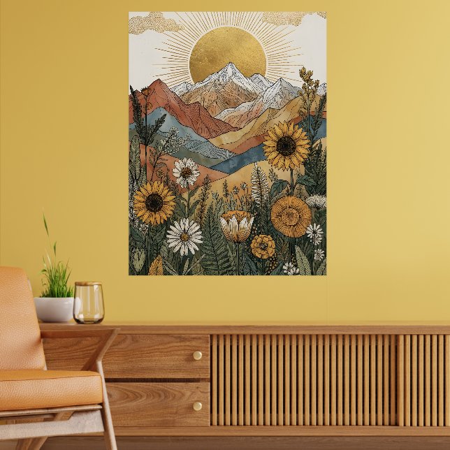 Boho Celestial Sunburst Mountain Sunflower Poster (Living Room 2)