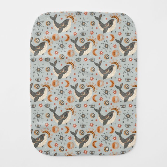 Boho Celestial Whale Pattern Baby Burp Cloth (Front)