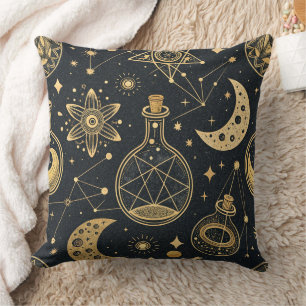 Boho Celestial with Gold Alchemy Symbols Throw Pillow