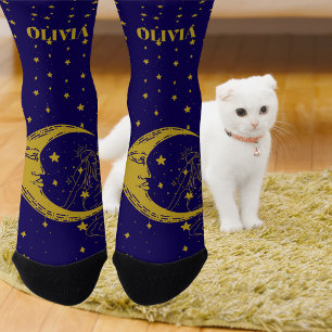 Boho Celestial Woman Whimsical Moon Stars Socks