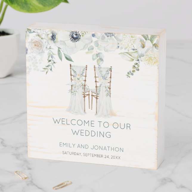 Boho Chairs Florals Eucalyptus Welcome To Wedding Wooden Box Sign (In Situ Horizontal)