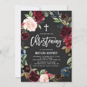 Boho Chalkboard Burgundy Floral Wreath Christening Invitation
