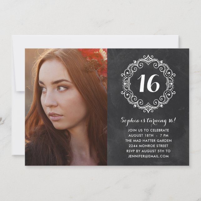 Boho Chalkboard Photo Sweet Sixteen Birthday Invitation (Front)
