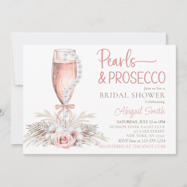 Boho Champagne Glass Pearls&Prosecco Bridal Shower Invitation (Front)