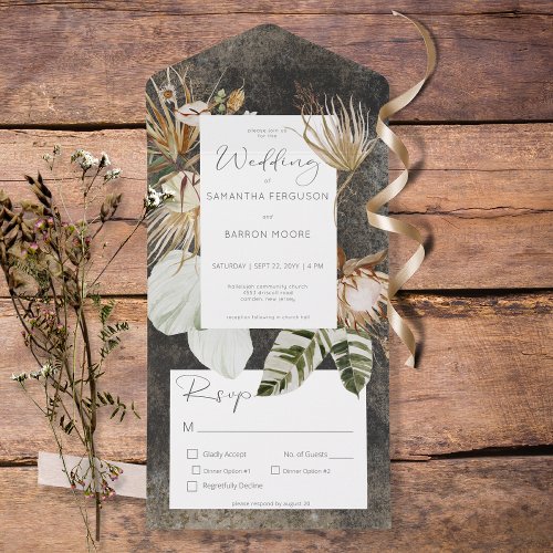 Boho Charcoal Black Floral Grass Dinner All In One Invitation