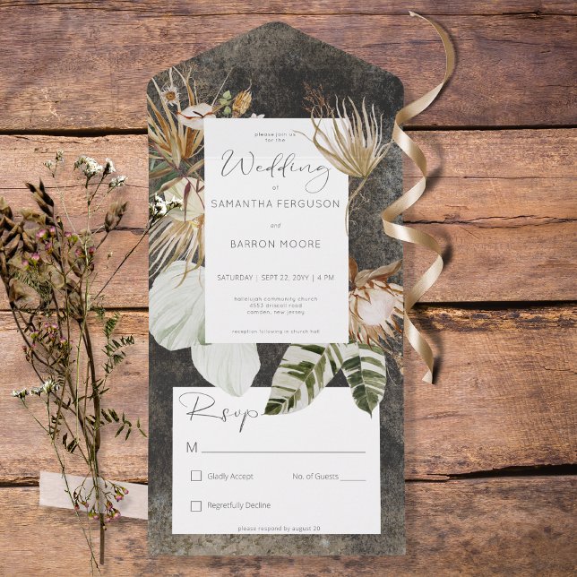 Boho Charcoal Black Floral Grass No Dinner All In One Invitation (Creator Uploaded)