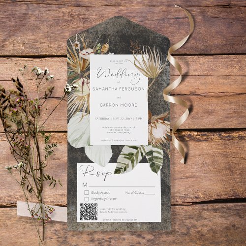 Boho Charcoal Black Floral Grass QR Code All In One Invitation