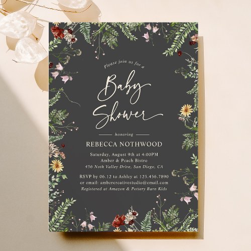 Boho Charcoal Gray Wildflowers Baby Shower Invitation