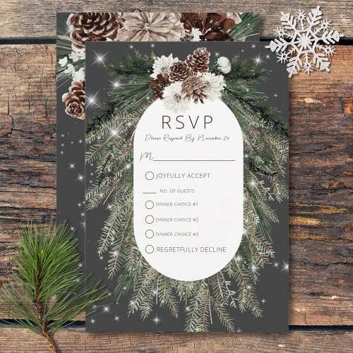 Boho Charcoal Pine Winter Sparkle Three Dinner RSVP Card