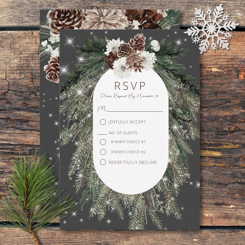 Boho Charcoal Pine Winter Sparkle Two Dinner RSVP Card