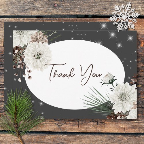 Boho Charcoal Pine Winter Sparkle Wedding Thank You Card