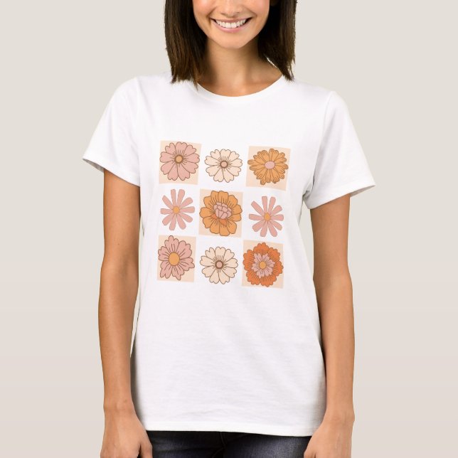 Boho Checkered Floral Shirt | Retro Flower Tee (Front)