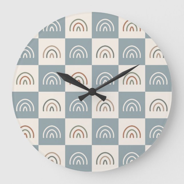 Boho Checkered Rainbow Minimalist Pattern Large Clock (Front)