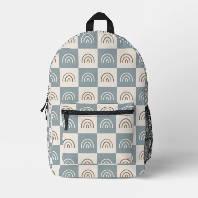 Boho Checkered Rainbow Minimalist Pattern Printed Backpack (Front)