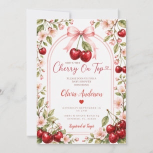 Boho Cherry on Top Baby Shower Pink Bow Gingham Invitation