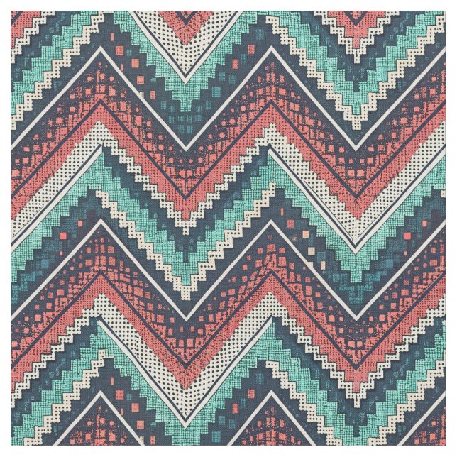 Boho Chevron Pattern | Teal, Coral & Cream Zigzag  Fabric (Close Up)