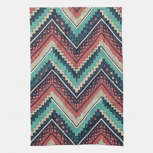 Boho Chevron Pattern | Teal, Coral & Cream Zigzag  Kitchen Towel (Vertical)