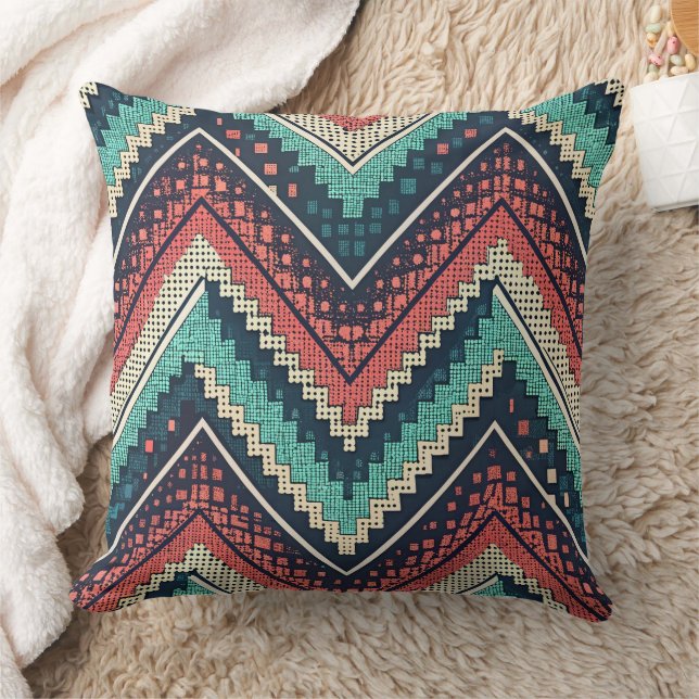 Boho Chevron Pattern | Teal, Coral & Cream Zigzag  Throw Pillow (Blanket)