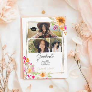 Boho Chic 3 Photo Watercolor Floral Graduation Announcement