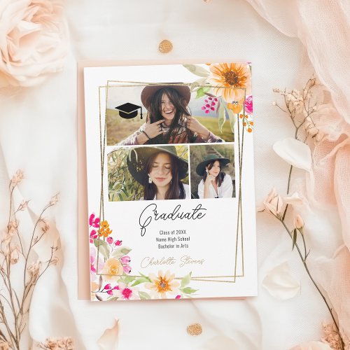 Boho Chic 3 Photo Watercolor Floral Graduation