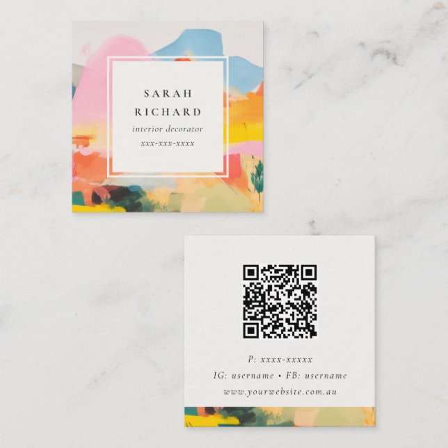 Boho Chic Abstarct Moutain Landscape QR Code Square Business Card (Front/Back)