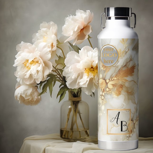 Boho Chic Abstract Gold Watercolor Marble Water Bottle (Elegant abstract watercolor marble art in gold, light grey and off white with logo and monograms)