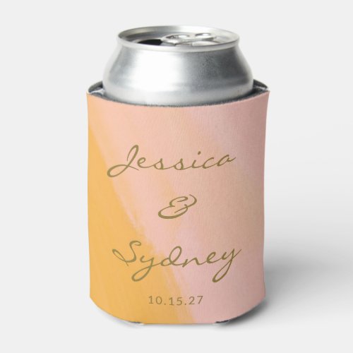 Boho Chic Abstract Watercolor Pink Yellow Wedding Can Cooler