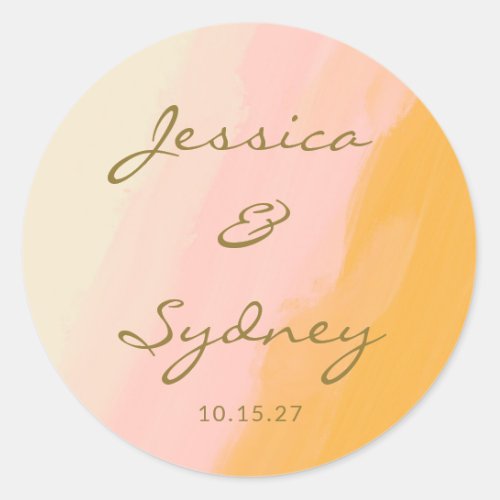 Boho Chic Abstract Watercolor Pink Yellow Wedding Classic Round Sticker