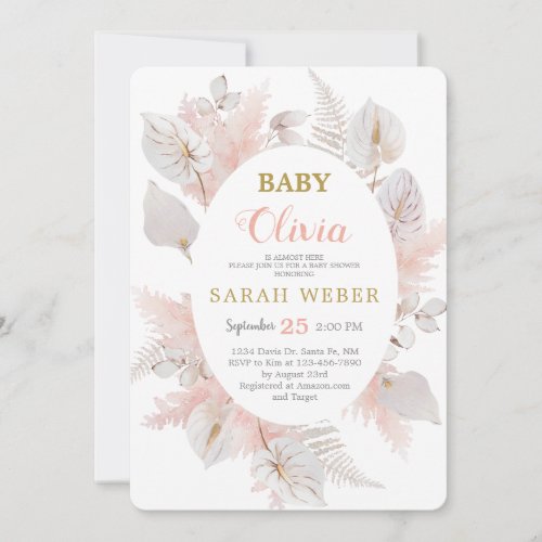 Boho chic anthurium floral baby girl shower invitation