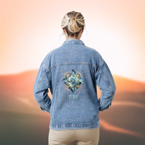 Boho Chic Aqua Teal and Blue Mandala with Initials Denim Jacket