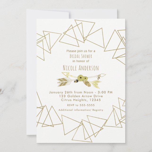 Boho Chic Arrows & Gold Geometric Triangles Modern Invitation (Front)