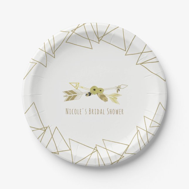 Boho Chic Arrows & Gold Geometric Triangles Modern Paper Plates (Front)