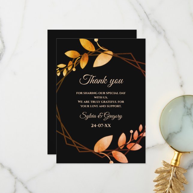Boho chic autumn botanical golden frame wedding thank you card (Front/Back In Situ)