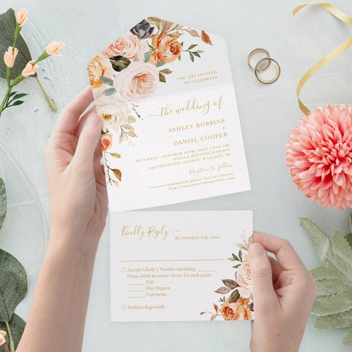 Boho Chic Autumn Gold Leaves Floral Wedding All In One Invitation