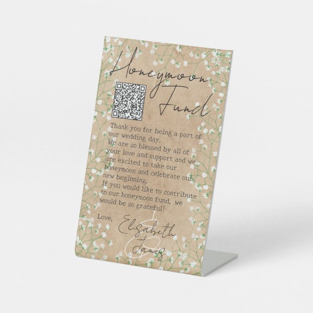 Boho Chic Baby's Breath Rustic Cute Honeymoon Fund Pedestal Sign (Front)