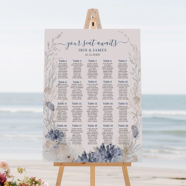 Boho Chic Beach Coastal Wedding Seating Chart Foam Board (ethereal soft blue neutral coral reefs beach wedding seating chart foam board for easel decoration)