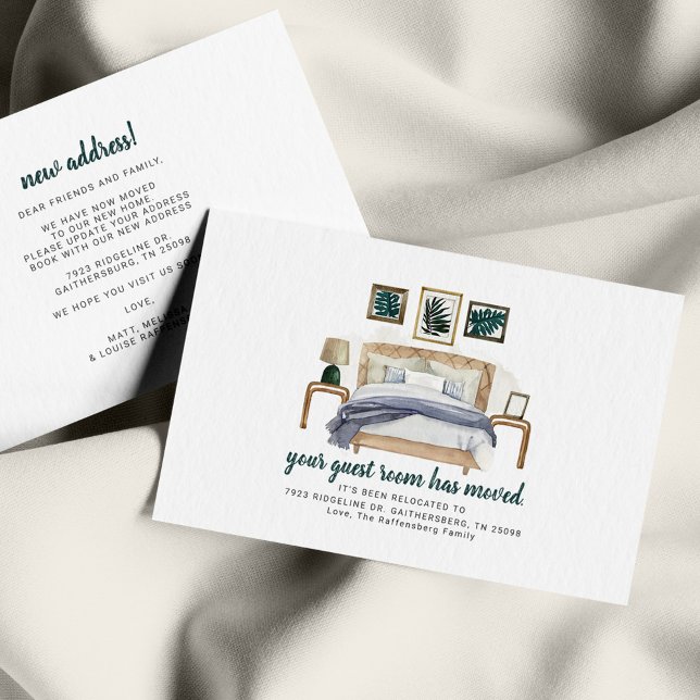 Boho Chic Bedroom Guest Room Has Moved Moving Note Card (Boho Watercolor Modern Change of Address Moving Announcement Note Card)