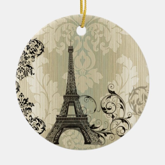 Boho Chic beige Damask Paris Eiffel Tower Ceramic Ornament (Front)