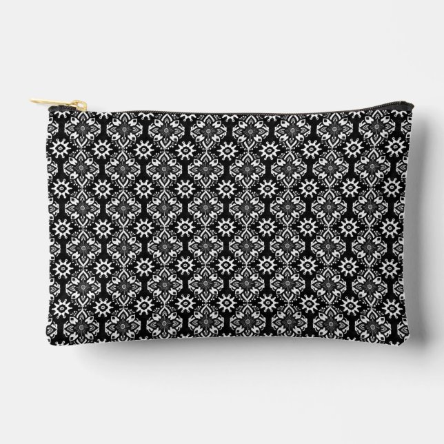 Boho Chic Black and White Floral Pattern Accessory Pouch (Front)