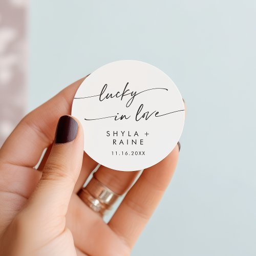 Boho Chic Black and White Lucky In Love Favor Classic Round Sticker