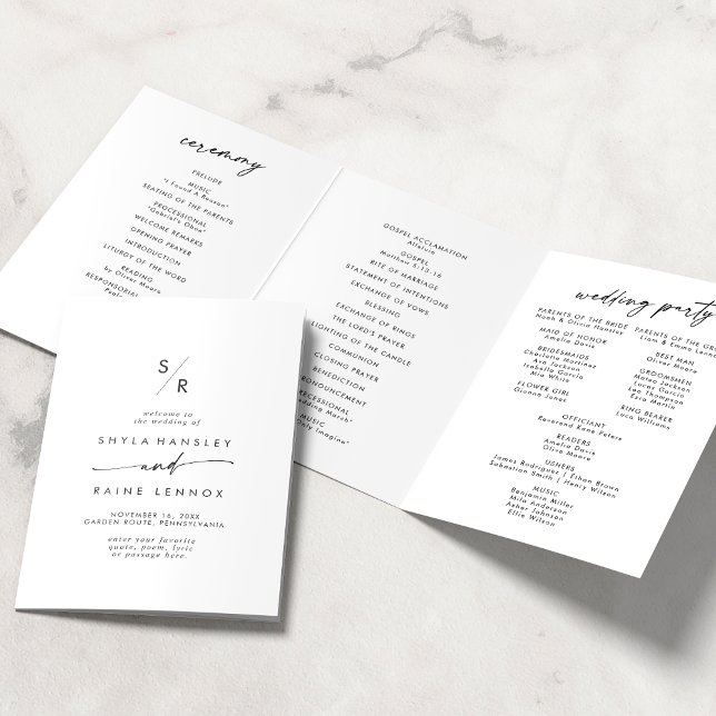Boho Chic Black and White Monogram Wedding Tri-Fold Program (Creator Uploaded)