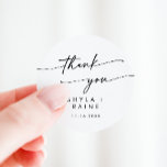 Boho Chic Black and White Thank You Wedding Favor Classic Round Sticker<br><div class="desc">This boho chic black and white thank you wedding favor classic round sticker is perfect for a minimalist wedding. The black and white modern bohemian design features simple rustic calligraphy with a unique yet classic style. Perfect for any season: spring, summer, fall autumn or winter. Personalize your favor stickers with...</div>