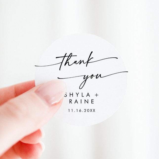Boho Chic Black and White Thank You Wedding Favor Classic Round Sticker (Creator Uploaded)