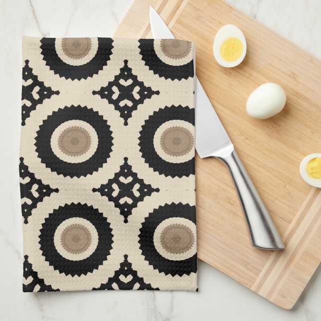 Boho Chic Black & Beige Geometric Pattern Kitchen Towel (Quarter Fold)