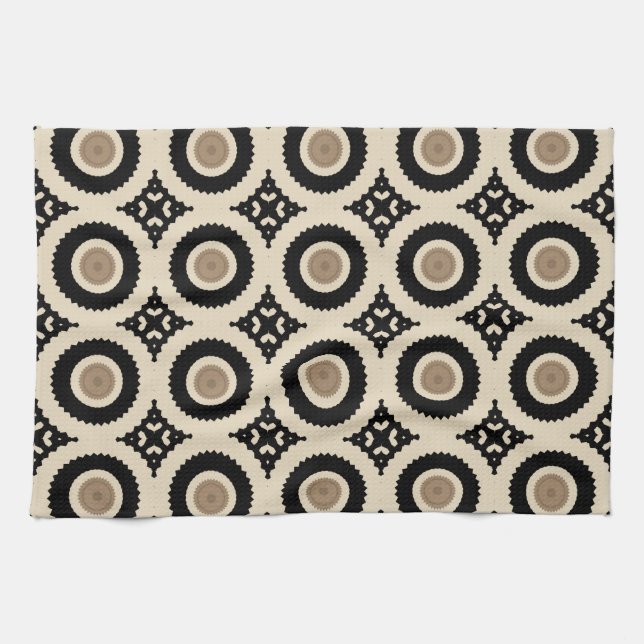 Boho Chic Black & Beige Geometric Pattern Kitchen Towel (Horizontal)